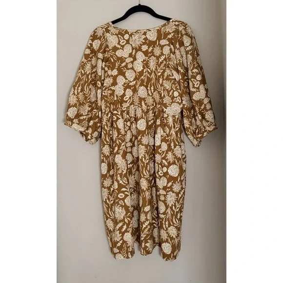 Universal Thread Brown White Floral V-Neck Balloon Sleeve A-Line Dress M - Picture 2 of 8
